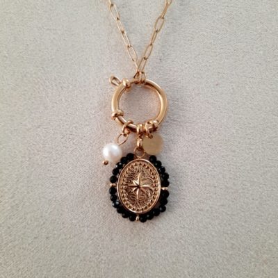 Collier Paloma doré et médaillon perles noire